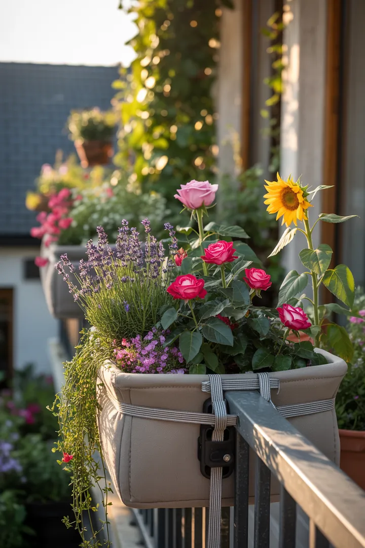 Ein stabiler Gartenbereich mit robusten Halterungen, die schwere Behälter sichern, unterstützt durch rutschfeste Unterlagen und zuverlässige Spanngurte.