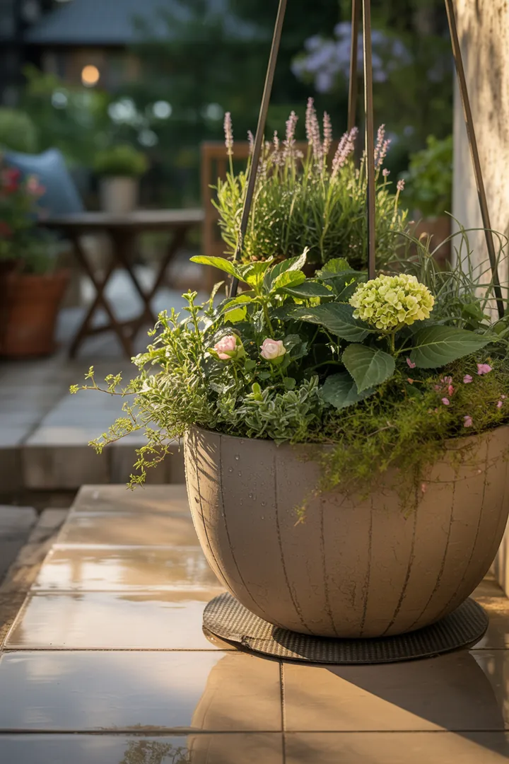 Ein stabiler Gartenbereich mit schweren Behältern, gesichert durch spezielle Halterungen, um ein Umkippen zu verhindern.