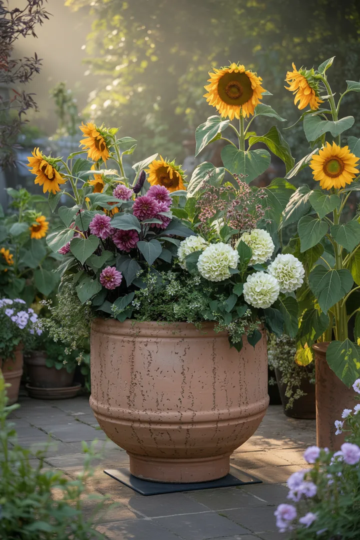 Stabilisierung von großen Pflanzgefäßen mit speziellen Gewichten, rutschfesten Unterlagen und sicheren Gurten für optimale Unterstützung und Sicherheit.