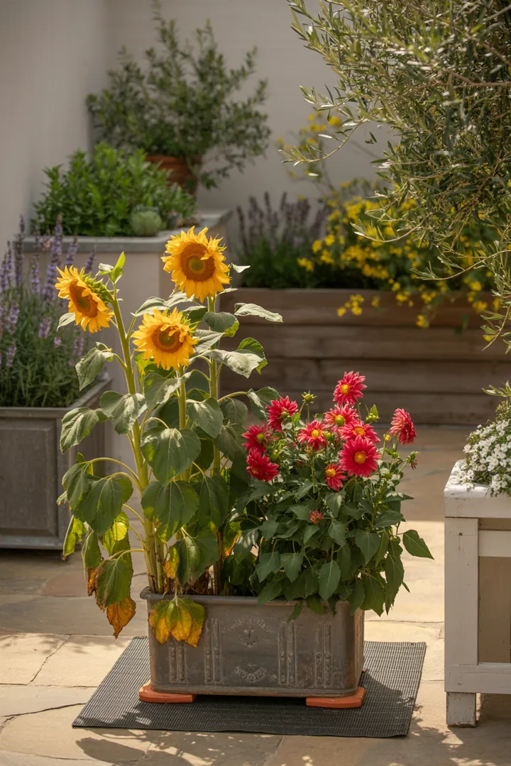Stabile Unterstützung für große Pflanzen mit strapazierfähigen Spanngurten, rutschfesten Matten und robusten Gewichten für Kübel im Garten.