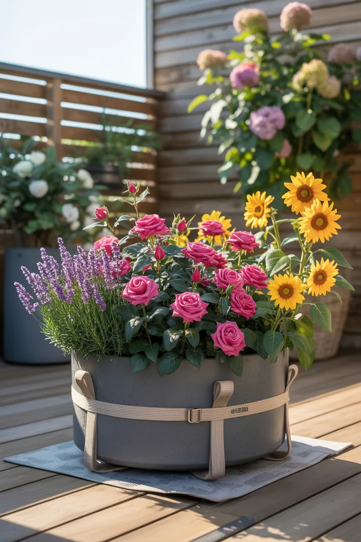 Ein stabiler Gartenbereich mit robusten Gewichten, rutschfesten Unterlagen und sicheren Gurten, die große Pflanzenbehälter unterstützen und fixieren.