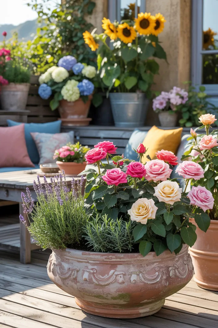 Ein stilvoller Pflanztopf mit blühenden Pflanzen, umgeben von erstklassiger Erde und einem praktischen Rollgestell für flexibles Gärtnern. Ideal für eine nachhaltige Pflanzenpflege.